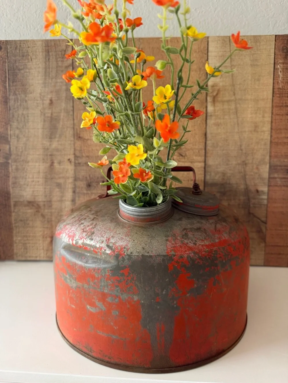 Vintage Rustic Distressed Orange Metal Gas Can with Faux Floral